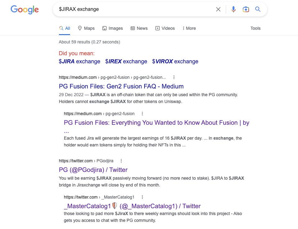 MasterSANdoteth's tweet photo. @ChubbyJiras put me on to @PGodjira ecosystem - got a message that I’m on first page when @annastoic Googled $JiraX Exchange - #GAP #PGSentinel #ChubbyLittleJira https://t.co/4oCGU7Fg5f