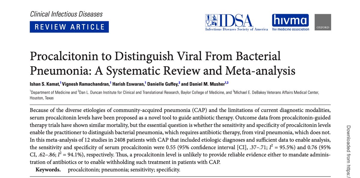 〽️'El nivel de procalcitonina sérico es poco probable que provea información que permita al clínico inmediatamente determinar si la infección es bacteriana y se necesitan administrar antibióticos o si es viral y los antibióticos necesitan retenerse' S 55% E 76% AUC 0.73 LR(+)2.2