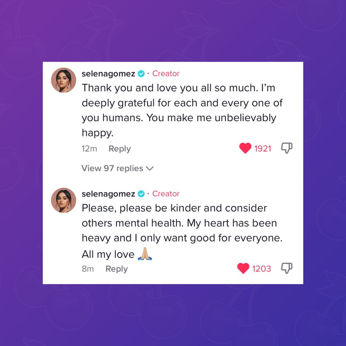 PopBase's tweet photo. Selena Gomez shares new message to fans on TikTok:

“Please, please be kinder and consider others mental health. My heart has been heavy and I only want good for everyone. All my love” https://t.co/eMQ8J2UdlI