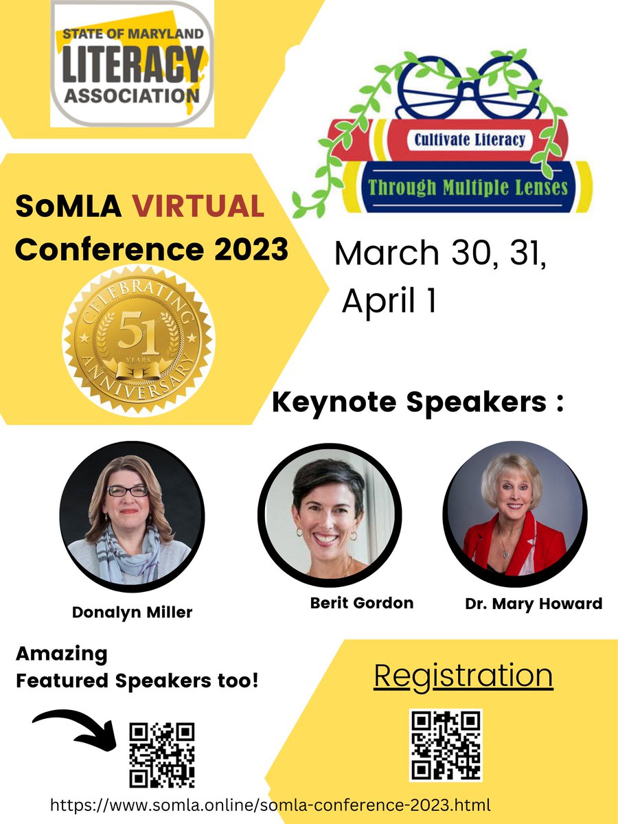 Don't miss the State of Maryland Literacy Association's 51st Annual VIRTUAL Conference beginning March 30th.  Scan QR codes to register and view speakers
<a href="/somlareads/">SOMLAReads</a> <a href="/DebraCrouch10/">Debra Crouch</a> <a href="/BCambourne/">Brian Cambourne</a> @ILAtoday @hocoreads #somla2023 <a href="/DrMaryHoward/">Dr. Mary Howard</a> <a href="/donalynbooks/">Donalyn Miller</a> <a href="/trevorabryan/">Trevor Bryan</a> <a href="/DoctorSam7/">Dr. Sam Bommarito</a>
