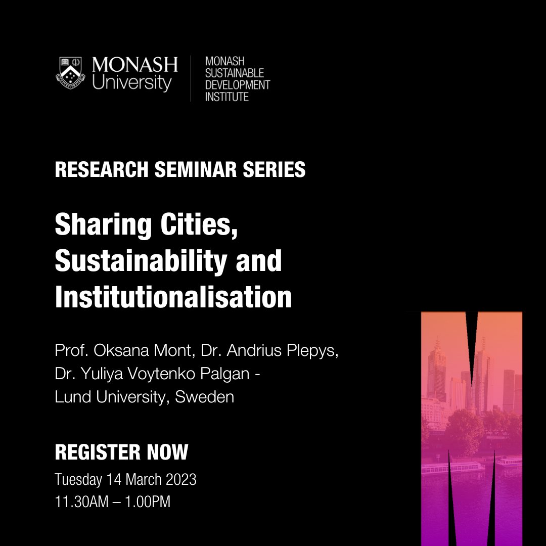 Explore #urbansharing of idling resources as a solution to #sustainability challenges of cities on 14 March with @OksanaMont Dr. Andrius Plepys & Dr. Yulia Palgan from @IIIEElund @lunduniversity Register now: rb.gy/l0zwd3 #sharingeconomy @dasharp @MonashResearch