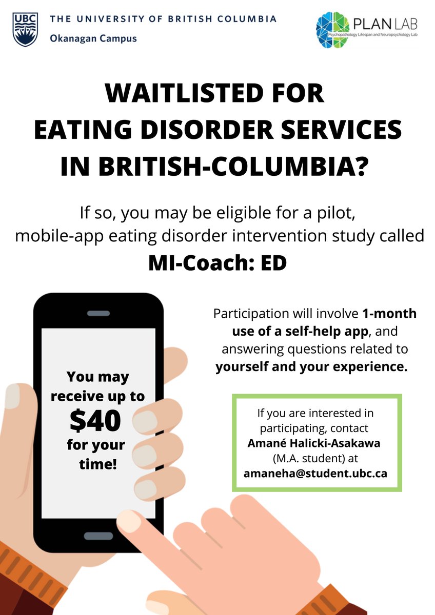 PLAN Lab (@planlabubc) on Twitter photo Waitlisted for #eatingdisorder services in BC? If yes, you may be eligible for a mobile-app eating disorder intervention study! It will involve 1-month use of a self-help app, and answering questions about your experience. See the flyer for more details, and please share widely! Waitlisted for #eatingdisorder services in BC? If yes, you may be eligible for a mobile-app eating disorder intervention study! It will involve 1-month use of a self-help app, and answering questions about your experience. See the flyer for more details, and please share widely!