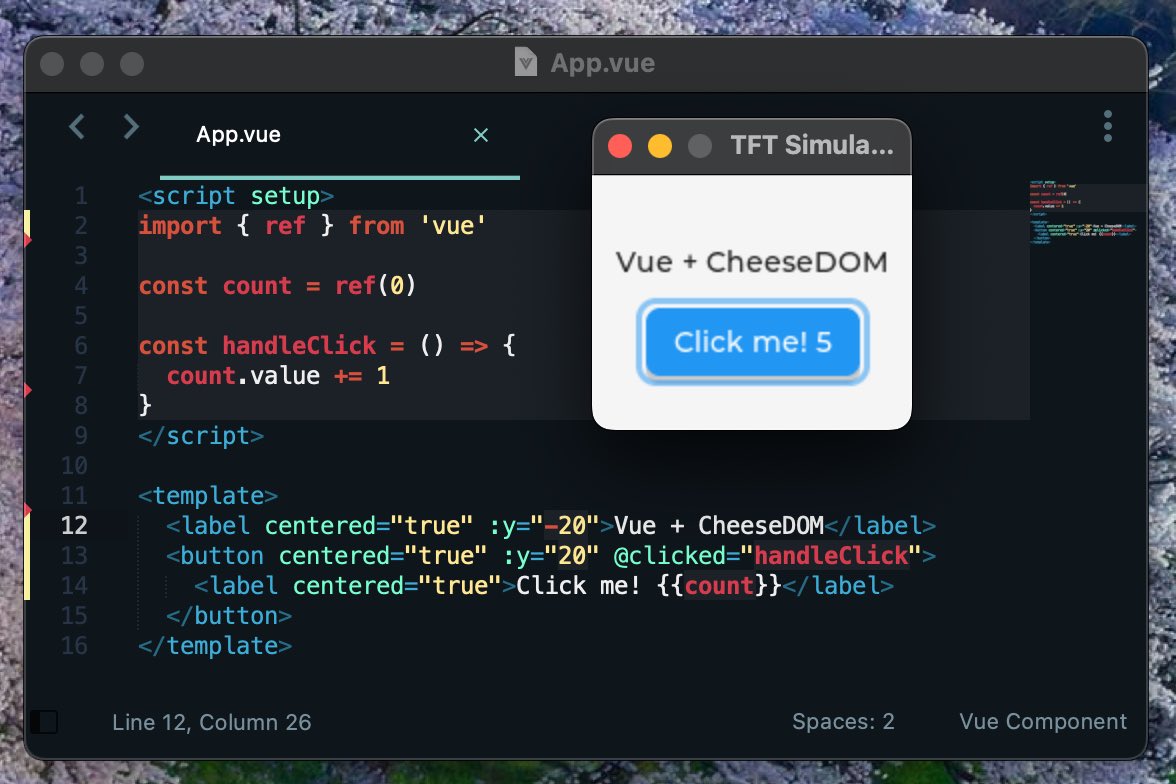 ClassicOldSong's tweet photo. Upstream, unmodified @sveltejs , @preactjs and @vuejs are now rendering on #LVGL with CheeseDOM!

It’s now possible to bring your favorite #frontend #frameworks and #JavaScript ecosystem to embedded devices!

All demos were built with @vite_js , any other bundlers should work too https://t.co/7b6tBX837D