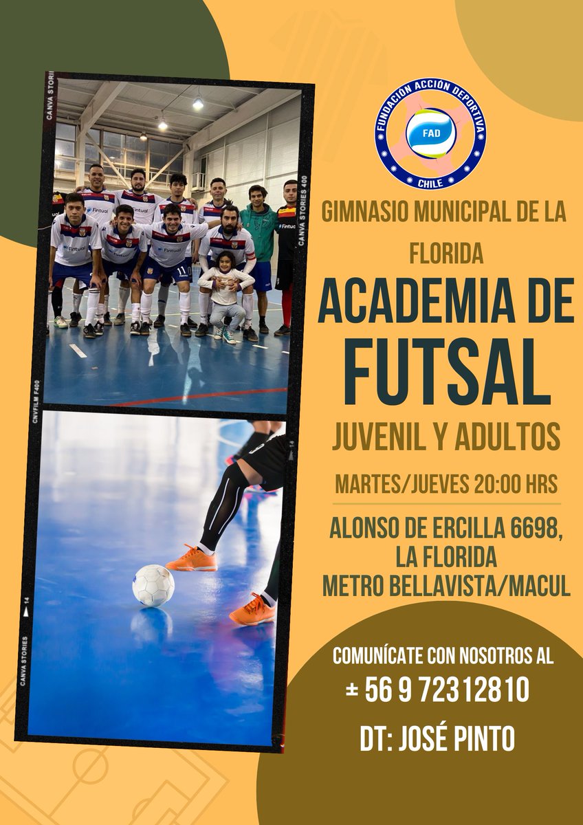 SE INICIA ACADEMIA DE FUTSAL PARA JÓVENES Y ADULTOS EN LA FLORIDA

Como parte de nuestras actividades de promoción de la actividad deportiva, la FUNDACIÓN ACCIÓN DEPORTIVA inicia a partir de marzo la Academia de Futsal para Jóvenes y Adultos en La Florida, Región Metropolitana