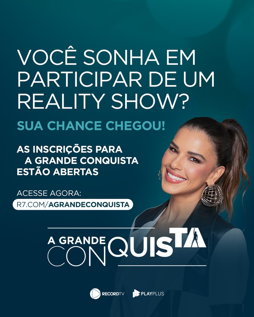 PODE COMEMORAR QUE CHEGOU O MOMENTO! 🔥 As inscrições para #AGrandeConquista, o novo reality show da <a href="/recordtvoficial/">Record Oficial</a>, comandado por <a href="/rios_mariana/">Mariana Rios</a>, já estão abertas! 🤩

➡ Acesse agora: R7.com/agrandeconquis…