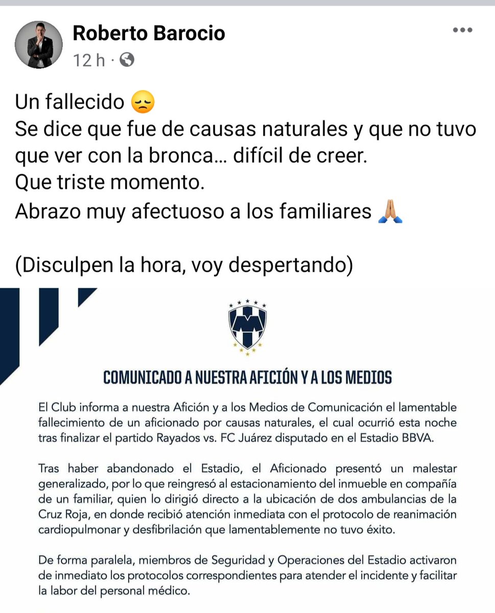 r9carloss's tweet photo. Atención a toda la prensa del país. 

Ayer un aficionado murió en el Estadio BBVA de manera natural y su misma familia ya se encargó de hacerlo ver en sus redes sociales.

Pero gente de los medios como @RobertoBarocio y @vichernandezm hace creer que lo mataron dentro del estadio https://t.co/fL5nZ9Ov0C