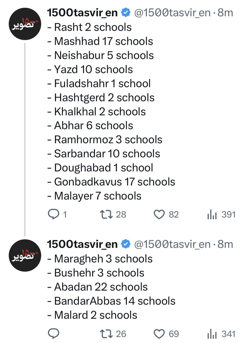 NatalieAmiri's tweet photo. Diese Mädchenschulen sollen heute im #Iran durch Extremisten mit Giftgasanschlägen angegriffen worden sein. Das Land, die Eltern u ihre Kinder sind in Panik und im Schock u wütend, vor allem gegenüber Regime, dass angibt nichts mit Anschlägen zu tun zu haben,nur glaubt das keiner https://t.co/hwR6rsKfgU