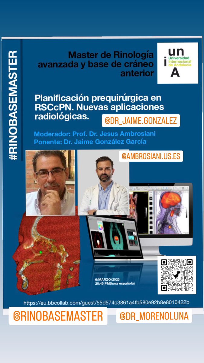 DrMorenoLuna's tweet photo. “Planificación prequirúrgica en RSCcPN. Nuevas aplicaciones radiológicas"

Dr Jaime González García, Hospital Universitario Virgen Macarena
Dr Jesus Ambrosiani
Universidad de Sevilla
6/MARZO/2023
20:45 (8:45 PM)
@UNIAInnova 
@rinobasemaster
AULA VIRTUAL 
Link QR https://t.co/2BRW8p5hdd