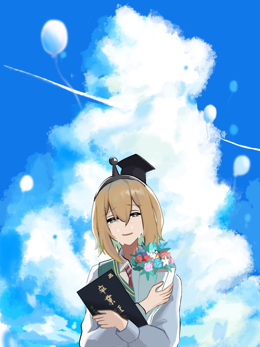 solo cloud sky 1girl tears bouquet flower  illustration images