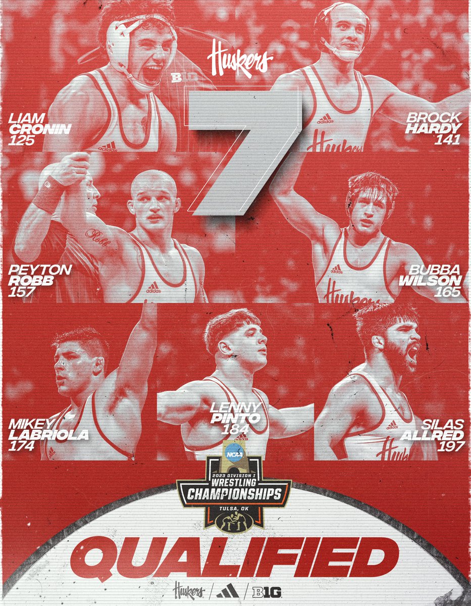HuskerWrestling's tweet photo. 7️⃣ Huskers have earned a trip to Tulsa.

#ToughTogether | #GBR https://t.co/7BakseEEPc