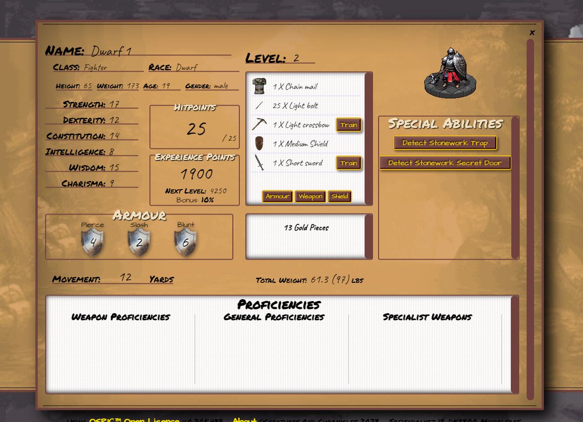 CreaturesChrons's tweet photo. The bug concerning weapon proficiencies for newly selected characters is now corrected
#bugfix #rpg #gamedev #indiedev #indiegame #rpggames #kickstarter #crowdfunding #rpgs #dnd #gaming #pcgaming #retroclone #OSRIC #nostalgia #turnbased https://t.co/u81PI5gDf6