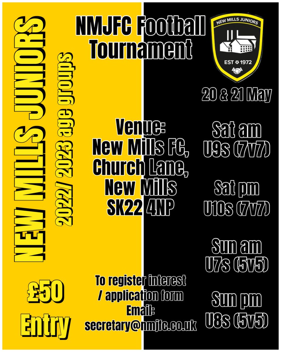 We're back!💛🖤⚽️
<a href="/NewMillsJuniors/">New Mills Juniors FC</a> 
<a href="/NewMillsFC/">New Mills Football Club</a>