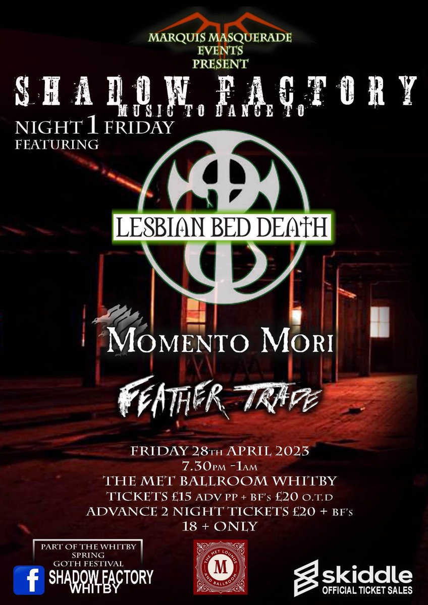 LBDofficial's tweet photo. We’re delighted to be returning to #whitby for this amazing event!!! Get your tickets and come show us your beautiful faces 😁🎃🤘🔥#shadowfactory #goth #gothicpunk #whitbygoth #lesbianbeddeath https://t.co/Hx19qBVXac