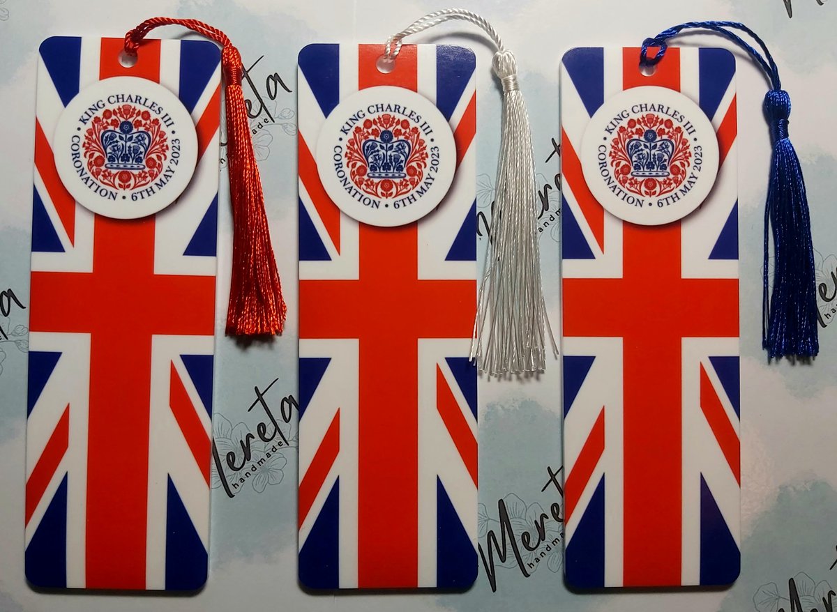 MeretaHandmade's tweet photo. Coronation bookmarks £3.50 each (red, blue or white tassels) plus postage 🇬🇧 https://t.co/ggkxheia1H