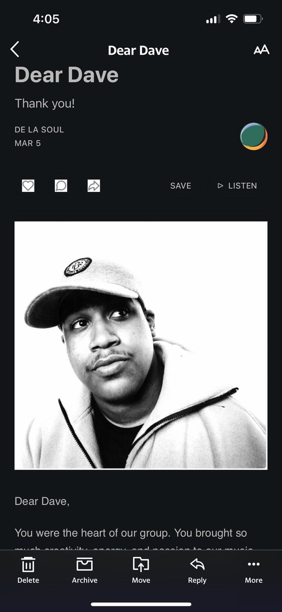 sthrnSTARshines's tweet photo. #DeLaSoul just sent out an email &amp; got me in my feels on this Sunday evening 

#DearDave #RIPDave #HipHop 

De La Soul is now streaming 🎶 🎼 🎙️ 🎤 🔊 https://t.co/yeHib5WQwD