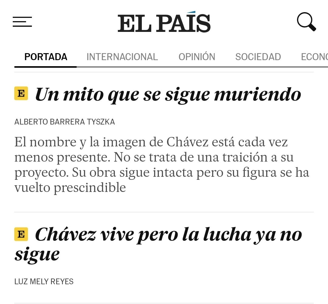 Qué capacidad la de El País para decir en una misma portada que Chávez sigue siendo un referente político y que su imagen está "cada vez menos presente". 

El chavismo sigue siendo hoy la principal fuerza política en Venezuela, pero tienen que vender la imagen contraria...
