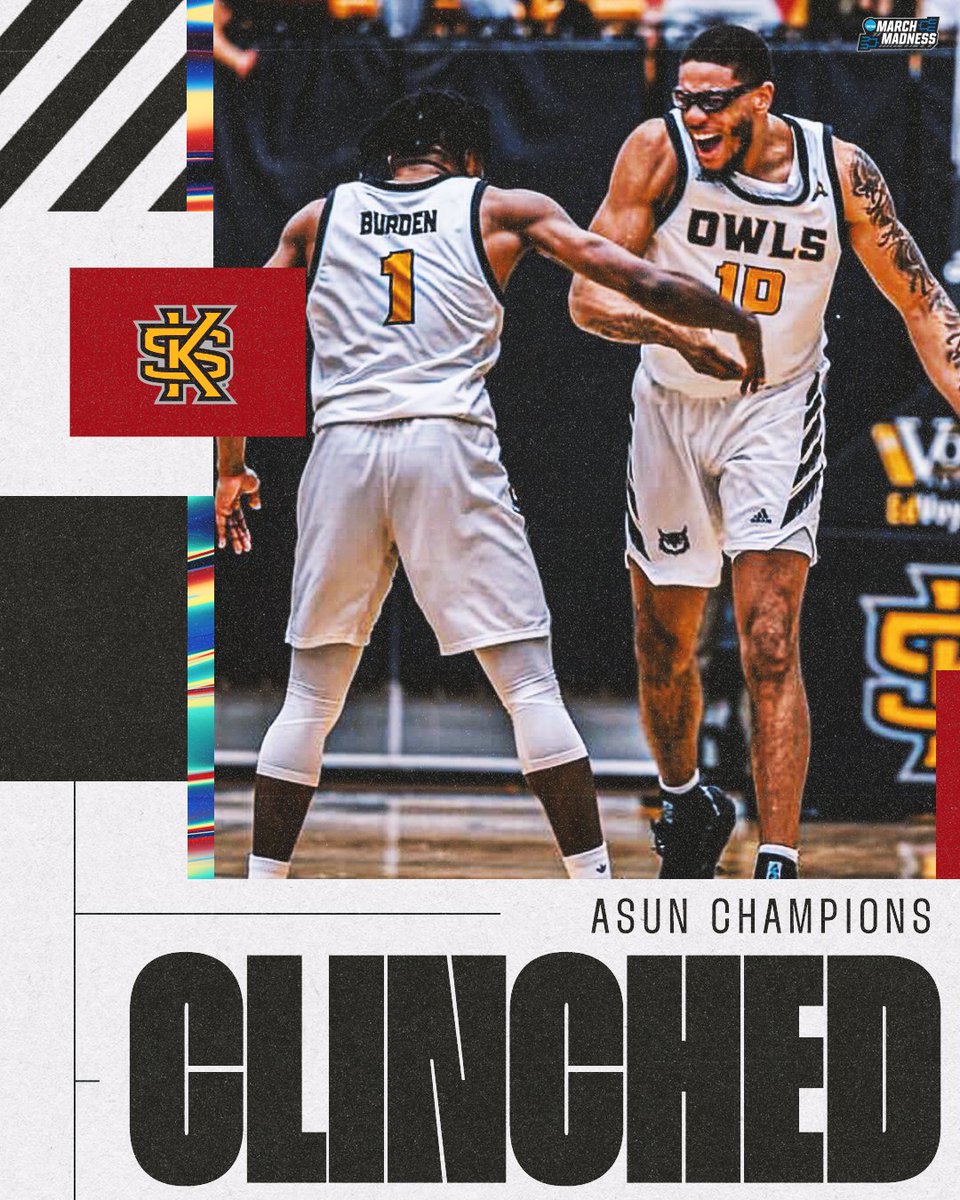 MarchMadnessMBB's tweet image. KENNESAW STATE IS GOING TO THE DANCE 🎟️

The Owls are headed to their first NCAA Tournament EVER after winning the ASUN Championship! 👏 #MarchMadness