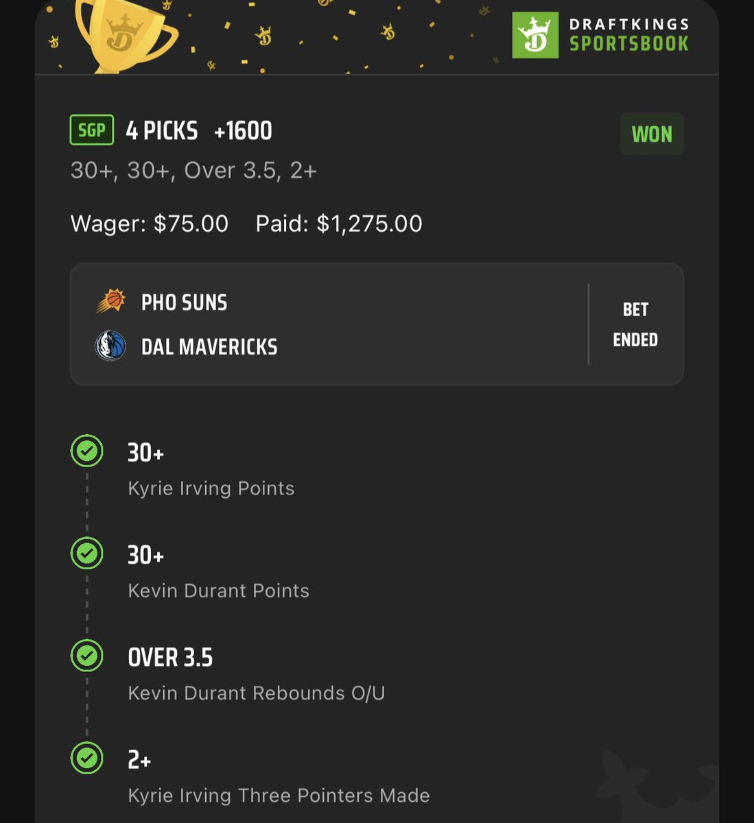DevinsBookie's tweet photo. KD &amp; Kyrie💰

+475✅
+1100✅
+1600✅

Like, RT &amp; tag a friend to be entered for a $500 giveaway to celebrate the wins together⤵️ #GamblingTwitter https://t.co/evAeCjLdrL