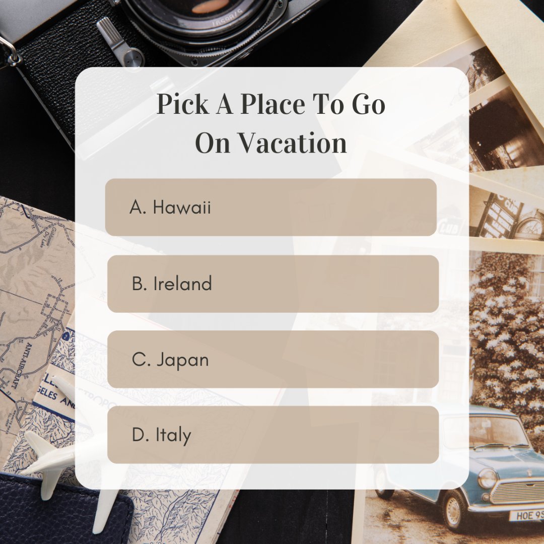 You can only choose from these four vacation spots. Which place are you headed to?

Pick a place and tell us why in the comments!

#vacationtime #hawaii #ireland #japan #italy #vacationdestination #questionoftheday #dreamdestination #dreamvacation