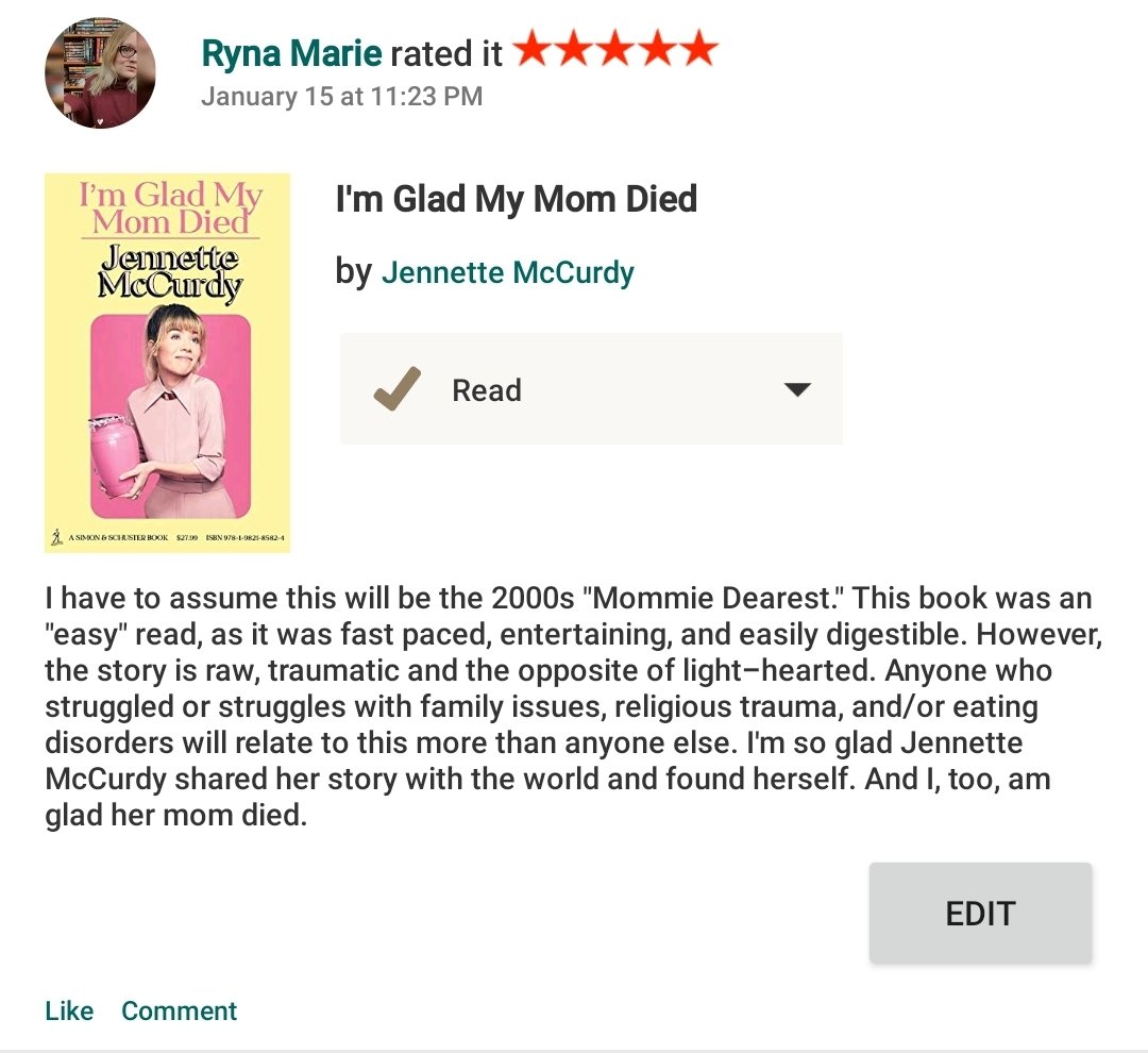 In the same vein of 'books where the mom dies' - here's my 5 star rating of #imgladmymomdied by @jennettemccurdy