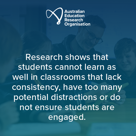 EdResearchAU's tweet photo. Research shows that students cannot learn as well in classrooms that lack consistency, have too many potential distractions or do not ensure engagement with learning. 📖 https://t.co/3FDbgbfagf https://t.co/6Hut0aw0U8