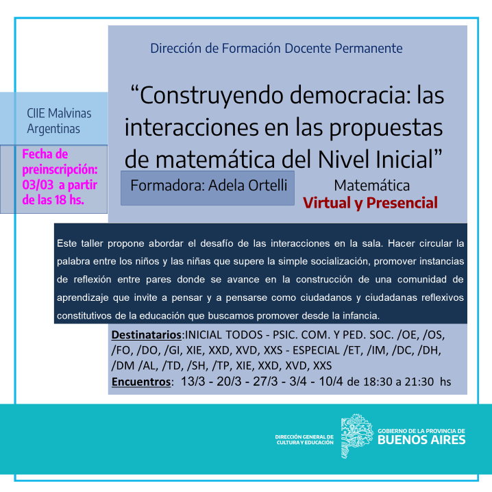 Queridas/os docentes: estas son los talleres (réplicas) fuera de servicio. Compartimos los enlaces para la inscripciòn:
Taller Matemática NI:
forms.gle/snhNmXTH5caXTZ…
Taller Matemática NP:
forms.gle/abHpyMYHaEsv6X…
Taller Matemática Nivel Secundario:
forms.gle/gNRU2UefRHKavf…