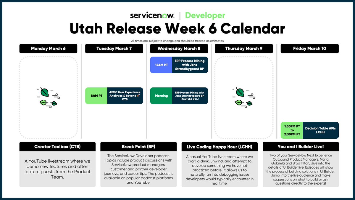 poshprogrammer's tweet image. 🚨 This Week on the #ServiceNowDeveloper Calendar...
🔘 Mar 7 8AM PT: AEMC User Experiences Analytics & Beyond 🚀 CT
🔘 Mar 8: ERP Process Mining BP w/Jens Strandbygaard
🔘 Mar 10 1:30PM PT: Decsion Table APIs LCHH
📰 Click Here for the Full Calendar: devlink.sn/utah