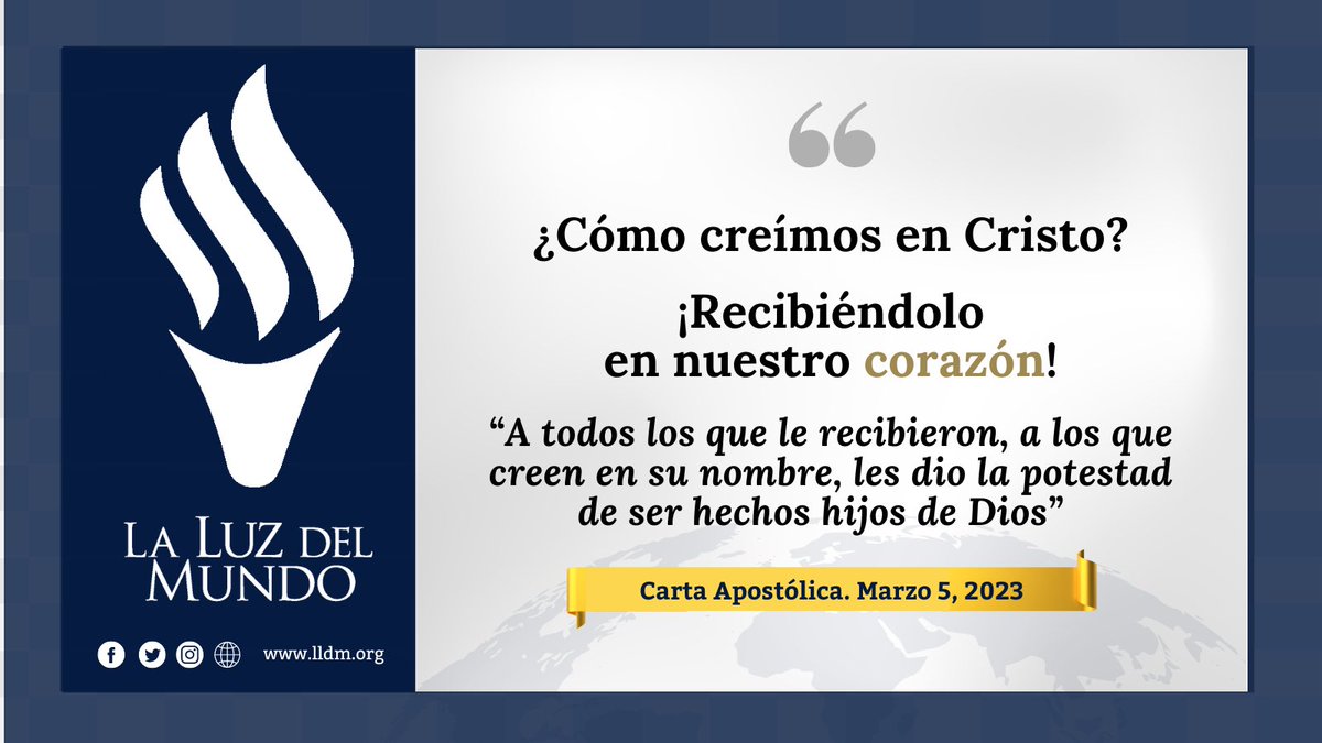 iglesialldm's tweet photo. Con la plena confianza en Dios

¿Cómo creímos en Cristo?
¡Recibiéndolo en nuestro corazón!
“A todos los que le recibieron, a los que creen en su nombre, les dio la potestad de ser hechos hijos de Dios”

#SiempreUnidos
#LaLuzDelMundo https://t.co/8lDqpR2nMt