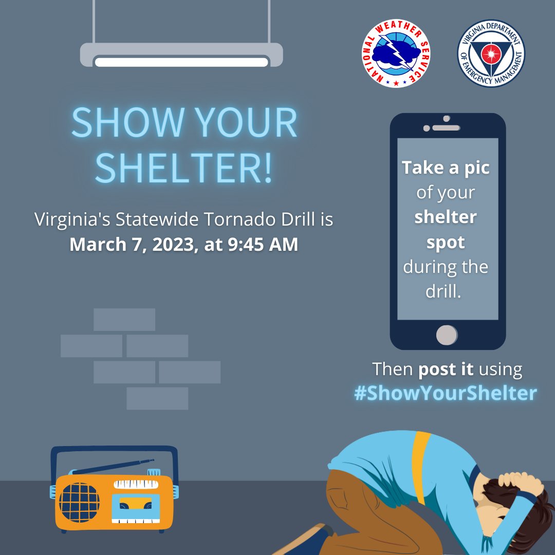 EMChesterfield's tweet image. Statewide Tornado Drill is @ 9:45am TODAY #Cfield! 
If a Tornado Warning is issued, go to an interior room with no windows on the lowest floor of the building. Find this location before it's needed.  Take a pic of your shelter spot during the drill; post it with #ShowYourShelter