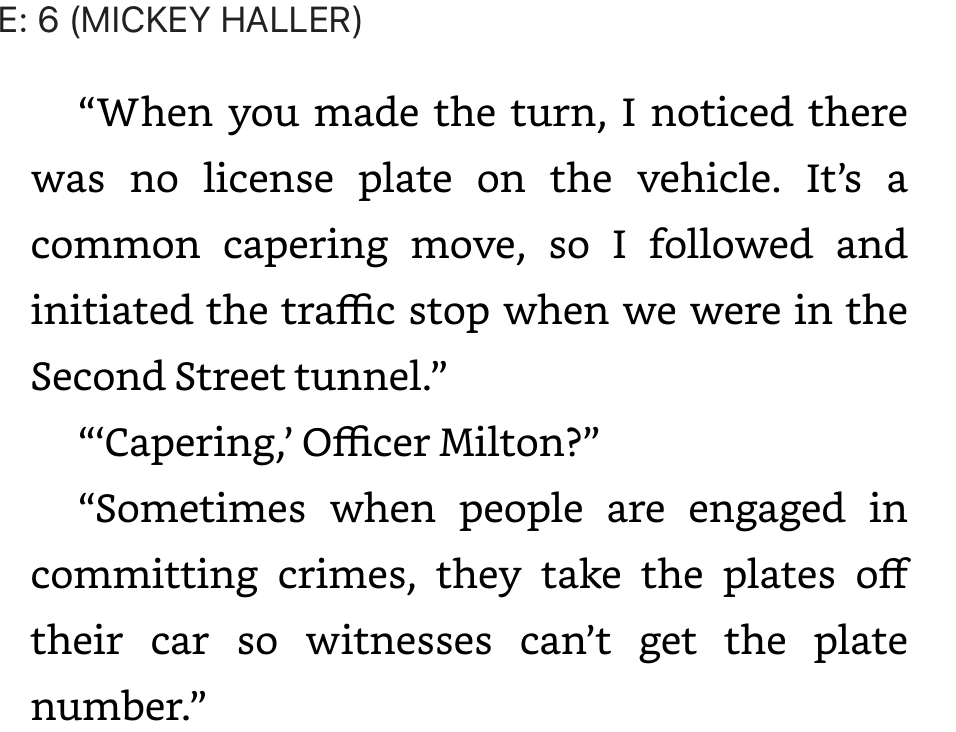 mattyglesias's tweet photo. By coincidence, I swear, I just read the sixth Lincoln Lawyer book in which a police officer casually mentions general license plate enforcement as an important crime control measure. https://t.co/KnzsLW4VuN