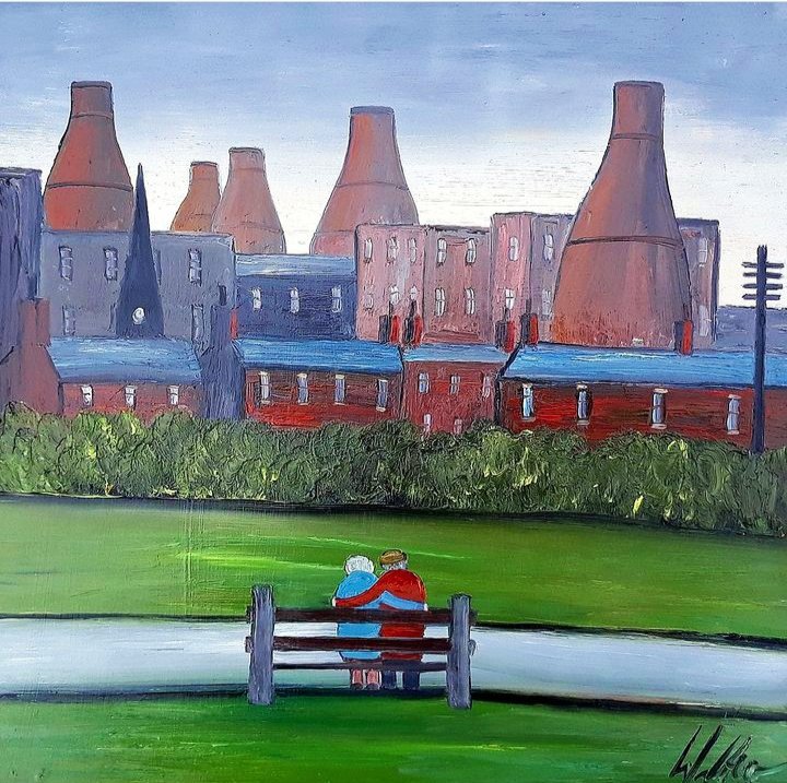 Admiring the view - oil on board.
#art #northernart #oilpainting #industrialart #StokeOnTrent #Staffordshire #thepotteries #view #lslowry #artcollector #artgallery #vintage #pensioners #bottleovens #britishart