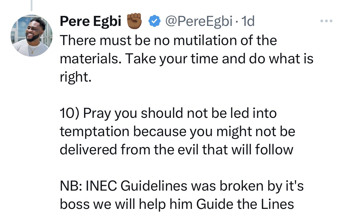 No INEC official should test frustrated Nigerians ! Every INEC official needs to see this.

Retweet &amp; Spread the word📌

-
Ellu P Oba of Benin Oba of Lagos INEC RESULT #GRVnotfit Only INEC Hausa