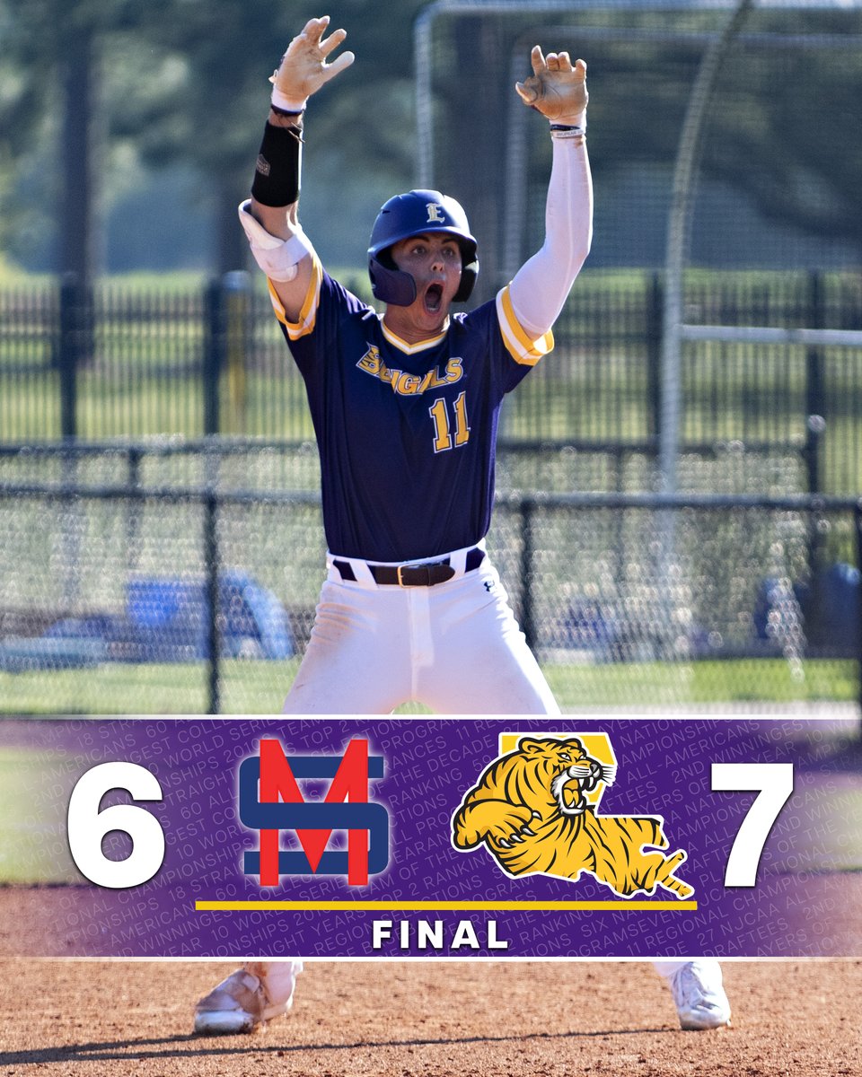 LSUEBengalsBSB's tweet photo. BENGAL MAGIC IS BACK! LSU Eunice overcomes a 5-0 hole in the sixth as the Bengals roar back to stun Murray State 7-6.  LSUE scores three runs in the ninth with two outs as Alexander Saunier sends the Bengals into a frenzy with a walk-off RBI single.

#DDCS
#GeauxBengals https://t.co/74Vta6vB5q