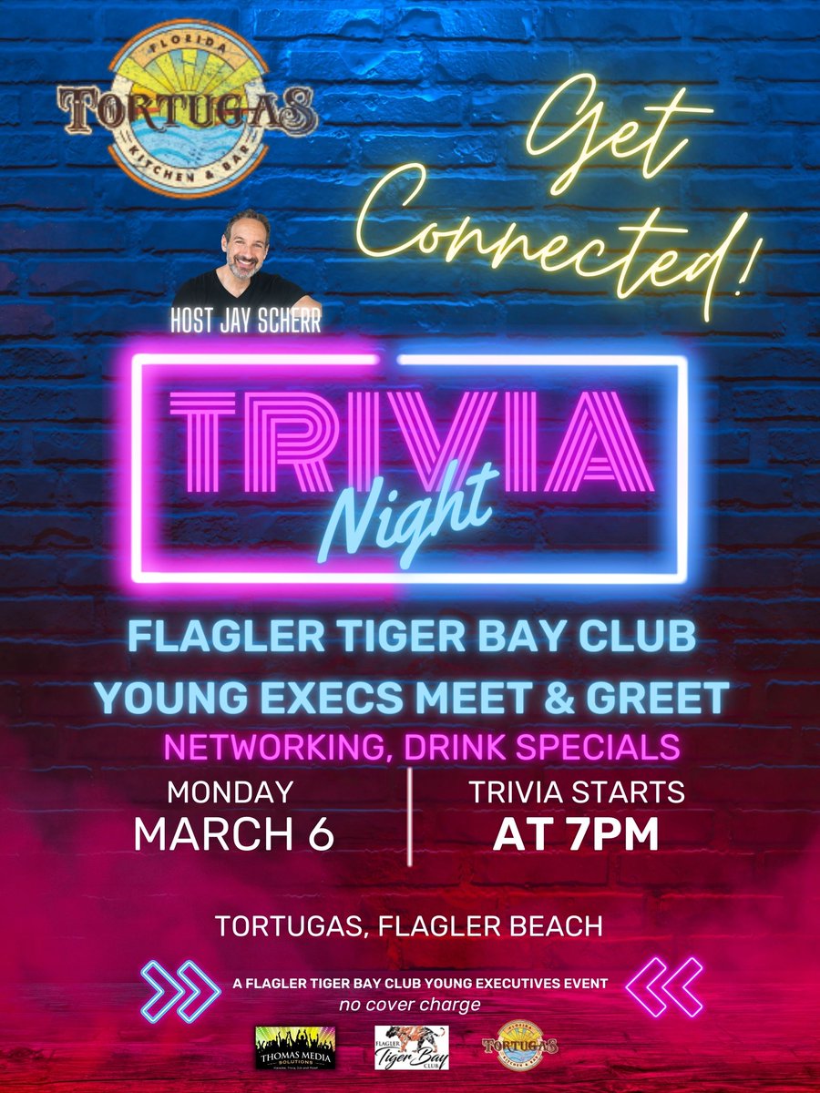 Love to network and show off your talent for trivia? Stop by Tortugas in #FlaglerBeach on Monday and let's see what you've got! #youngprofessionals #networking #funstuff #FlaglerTigerBayClub #FlaglerBeach #Florida