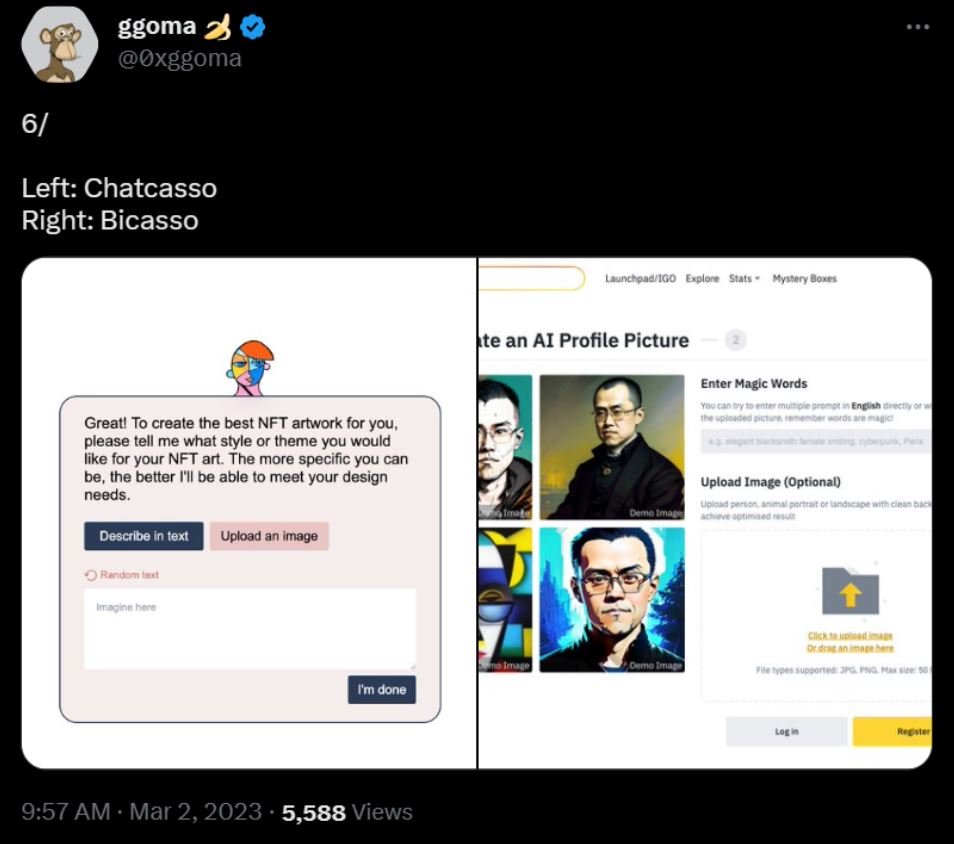 Soheil_SBabaei's tweet photo. On March 1,#Binance CEO #ChangpengZhao announced the release of #Bicasso,an artificial intelligence(#AI) platform that can “convert your creative ideas into #NFTs with AI.” But “ggoma,” a member of the community, says that Binance stole &lied about the #Chatcasso project.
#NFT https://t.co/b4QDkjzDYS