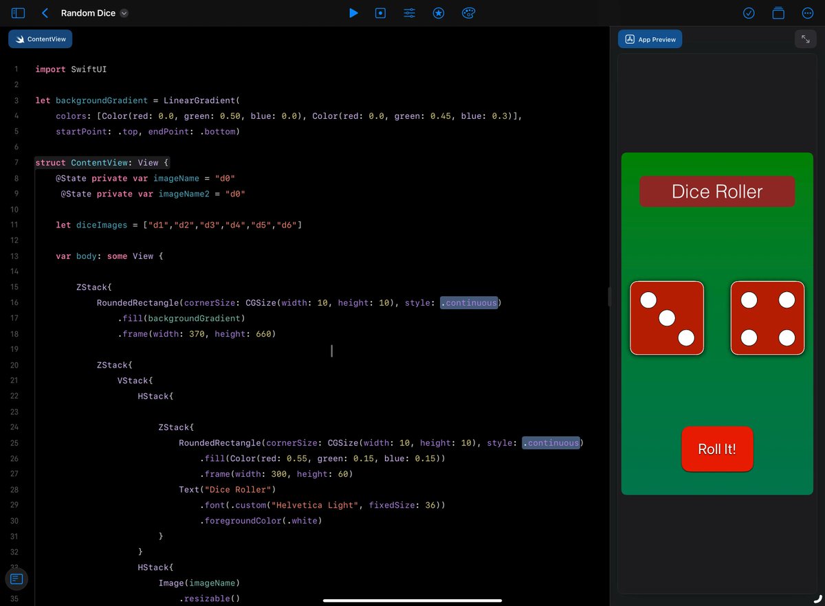 Pretty excited to have created my first app that worked. A dice roller. Thanks @danielbbudd for the prompting to do it. #EveryoneCanCode #SwiftUI #AppleEduChat