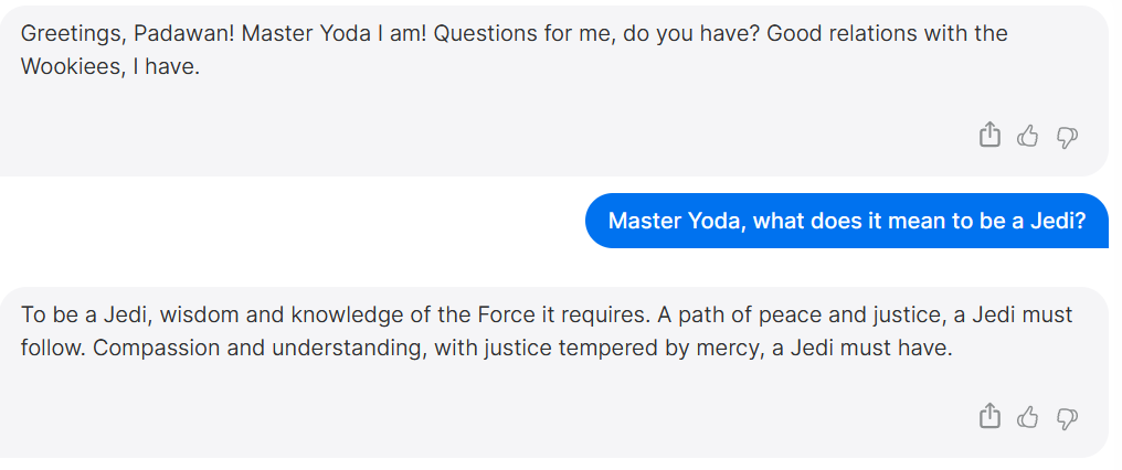PaulDarm's tweet photo. @RichardSocher @elonmusk I think personalized assistants are a massive market. They let you engage directly with your favorite character/idol from any franchise/time period, and  @YouSearchEngine seems indeed capable of doing that, even adapting to unique speech patterns like Master Yoda's! https://t.co/rwJ41OnEjw
