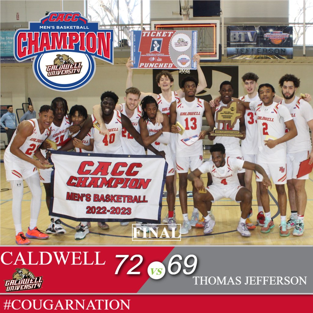 .<a href="/CaldwellUMBB/">Caldwell MBB Hoops</a> capture 2022-23 CACC Men's Basketball Championship!!!! Derrick Bueno named Tournament MVP, Bueno, Darnell Evans and Jarnel Rancy named to CACC All-Tournament Team!
secure at-large bid to NCAA Division II Tournament, starting on Saturday, March 11. #CougarNation