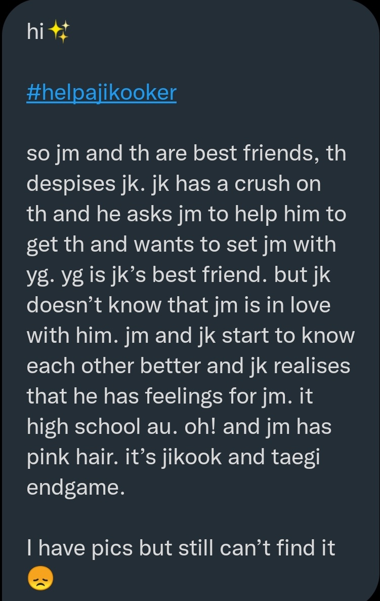 jikookworks's tweet photo. Hey guys, #helpajikooker

If you have read this au, please drop the link. Thank you! https://t.co/sLYNEPdNON