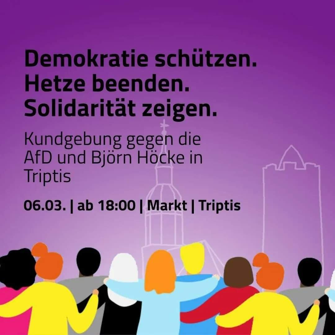 gera_nazifrei's tweet photo. Keine Böcke auf Höcke? Morgen nach #Triptis. Engagierte Menschen haben  antifaschistischen Gegenprotest organisiert! ❤️🖤 https://t.co/q4KFAmfeTk
