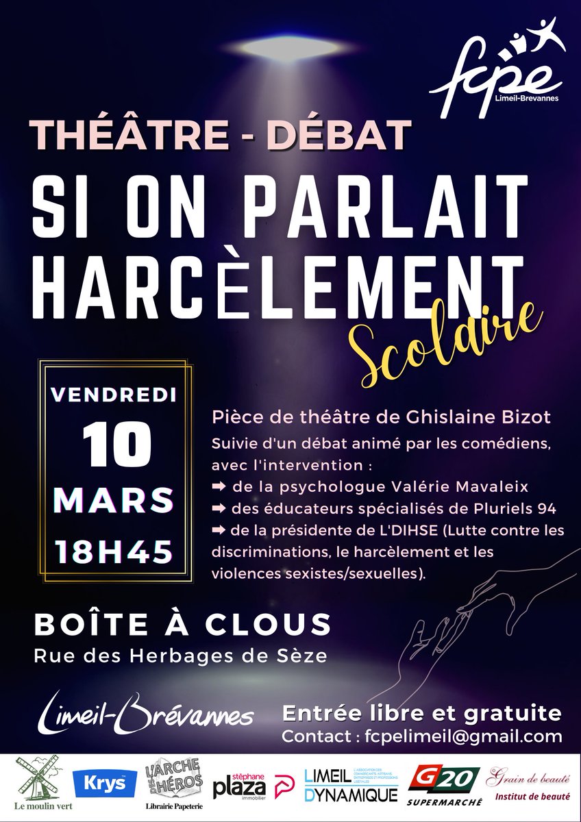 Rdv vendredi 10/03 à 18h45
🖐️ théâtre débat sur le #HarcelementScolaire
📌Boîte à clous de #LimeilBrévannes #valdemarne
Avec <a href="/andromede_78/">Andromède 78</a>, la psychologue Valérie Mavaleix, les éducateurs #pluriels94 et L'DIHSE. 
Entrée libre et gratuite.
<a href="/FCPE94/">FCPE94</a> <a href="/Parents94/">💔 Collectif Parents du 94 💔</a> <a href="/L_C_H_S_/">🚫 Harcèlement Scolaire 🇫🇷</a>