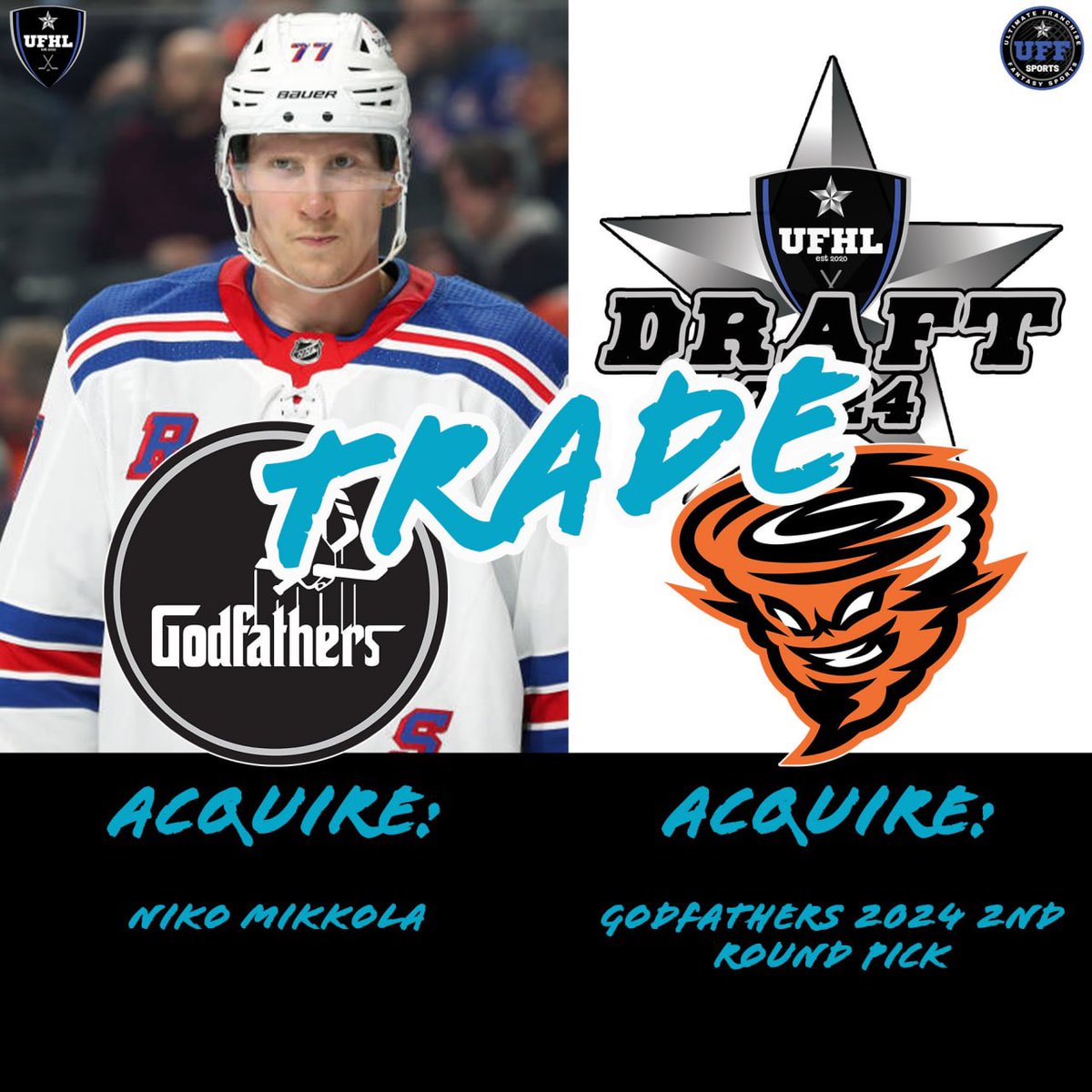 theUFHL's tweet photo. 🚨TRADE ALERT🚨
#UFHLTrades #FantasyHockey #HockeyTwitter @GodfathersHc #DA32 @UFFSports https://t.co/3QWHz2XwMo