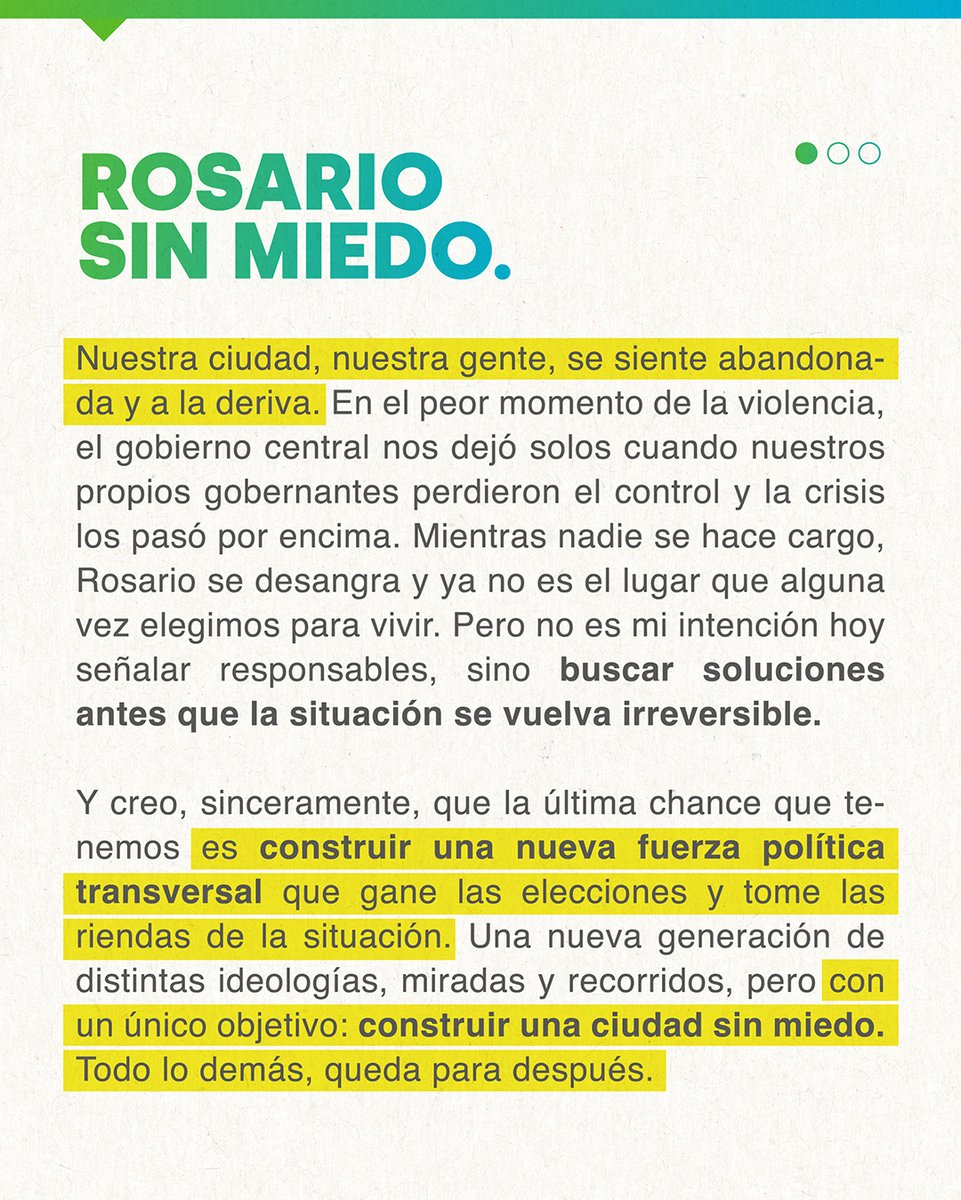 Nuestra ciudad, nuestra gente, se siente abandonada y a la deriva. Tenemos q construir una fuerza política transversal q gane las elecciones y tome las riendas. Una nueva generación con distintas miradas y recorridos pero un único objetivo: construir una ciudad sin miedo.
(1/2)