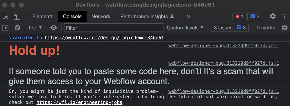Love this thinking outside the box by <a href="/webflow/">Webflow</a> - they're calling software engineers to join them directly from a browser console of their editor!

So if you're curious enough (or have a reason) to look into the console, you might be a webflow material. Smart!
#webflow #jobs