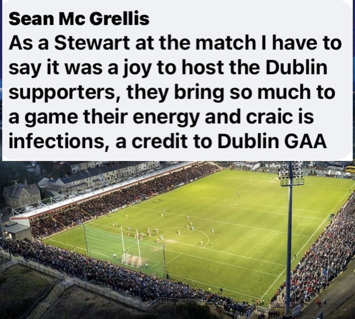 DubsGAAFans's tweet photo. High praise for our fans. Thank you to the good people of Derry for making us feel so welcome in Celtic Park and around your lovely city, last night. 💙 https://t.co/AFz3hdLicH
