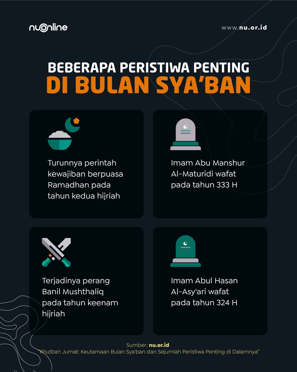 nu_online's tweet image. Sudah hampir pertengahan bulan Sya'ban nih. Apakah sudah tahu ada peristiwa apa saja di bulan Sya'ban? Cek di sini ya!
____
Instal aplikasi ibadah dan belajar Islam terbaik: nu.or.id/superapp (Android &amp;amp; iOS)
____
#nahdlatululama #nuonline #syaban #nisfusyaban