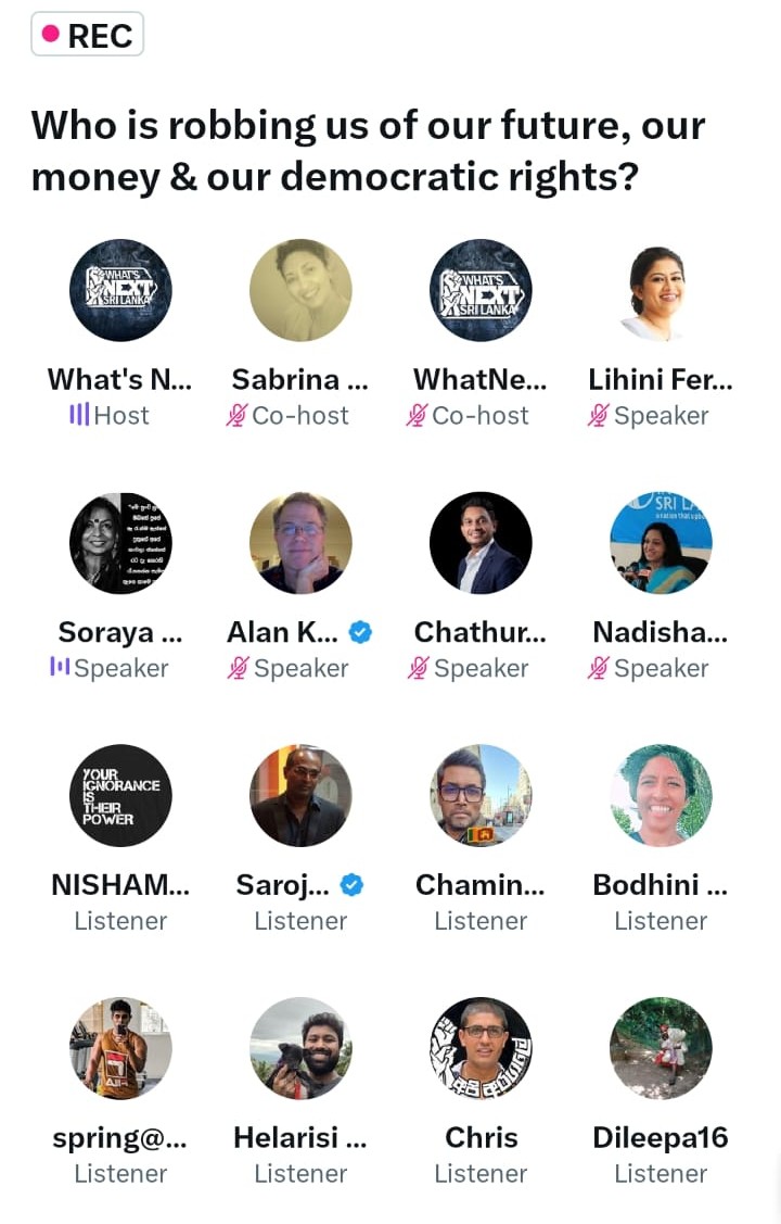 Thank you for having joined @whatsnextlk discussion w/Hosts @SoooMD & @nomadic_sanjee. It was inspiring to listen to @NadishaniPerer2 of Executive Director @Transparency_SL @akeenan23 Political Analyst of @CrisisGroup @LihiniFernando of @sjbsrilanka @Chathurangaab of NPP. 1/