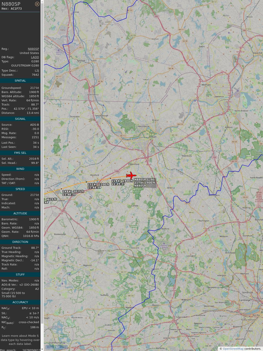 AboveGroton's tweet image. ICAO: AC1F73
Flt: N880SP #BANKOFUTAH
First seen: 2023/03/05 17:47:31
Min Alt: 3200 ft MSL
Min Dist: 1.9 mi

#planefence #adsb - facebook.com/GrotonAyerBuzz
globe.adsbexchange.com/?icao=ac1f73