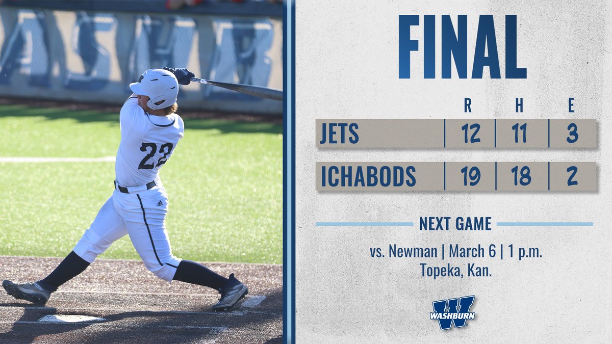 IchabodBSB's tweet photo. FINAL | Washburn takes game two, 19-12! Blake Scott was 3-5 with five RBI and a run scored! The Ichabods also set the program record for the most stolen bases in a game with 11! #GoBods https://t.co/1Hv3K3wFMF