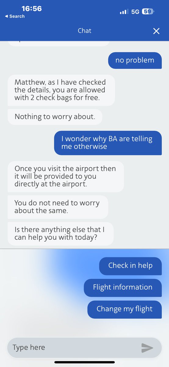MatthewAllen75's tweet photo. ⁦@AmericanAir⁩ 1 of 4 reps to confirm this for me yet BA wouldn’t let me check bags without paying. This is why after tomorrow I won’t fly with AA again… hello ⁦@Delta⁩. Im kicking myself because I should have trusted my gut https://t.co/rgA2BVrNGB